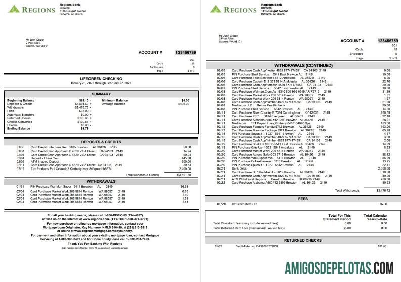 Extrato bancário realista das regiões dos EUA, modelo Word e PDF, 4 páginas